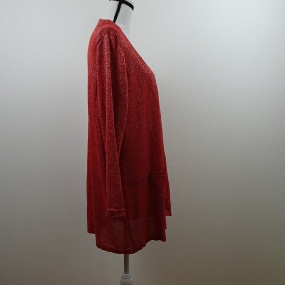 Ruby Rd Cardigan Sweater Women's Size XL Red Silver Sparkle Long Open Front - Picture 4 of 9